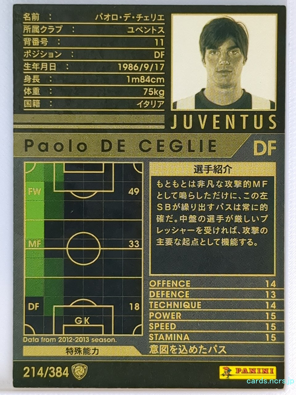 Panini WCCF Football WCCF/2012-2013-214/384 N Paolo DE CEGLIE Trading Card EX