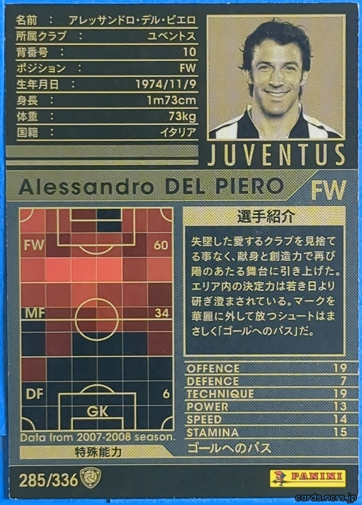 Panini WCCF Football WCCF/2007-2008-285/336 N Alessandro Del Piero Trading Card NM