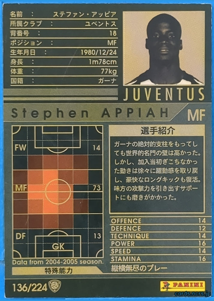 Panini WCCF Football WCCF/2004-2005-136/224 N Stephen Appiah Trading Card NM