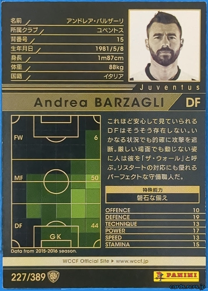 Panini WCCF Football WCCF/2015-2016-227/389 N Andrea Barzagli Trading Card NM