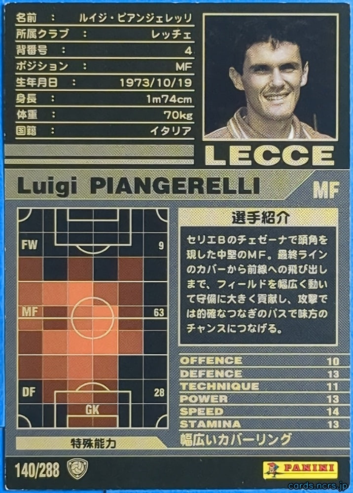 Panini WCCF Football WCCF/2001-2002-140/288 N Luigi PIANGERELLI Trading Card NM