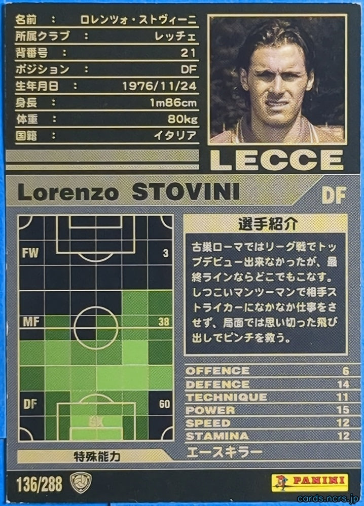 Panini WCCF Football WCCF/2001-2002-136/288 N Lorenzo STOVINI Trading Card EX