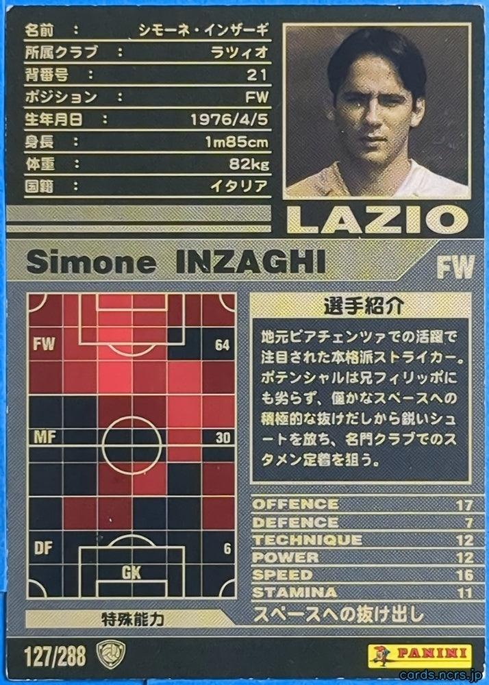 Panini WCCF Football WCCF/2001-2002-127/288 N Simone INZAGHI Trading Card NM