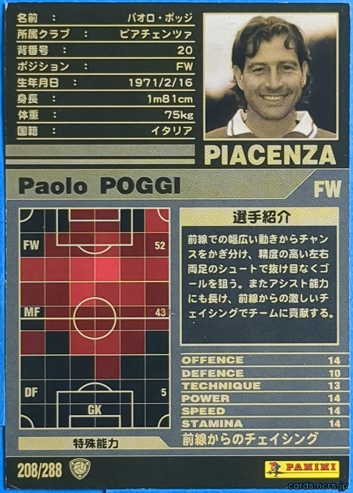 Panini WCCF Football WCCF/2001-2002-208/288 N Paolo Poggi Trading Card NM
