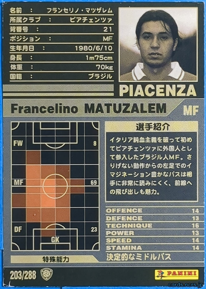 Panini WCCF Football WCCF/2001-2002-203/288 N Francelino Matuzalem Trading Card NM