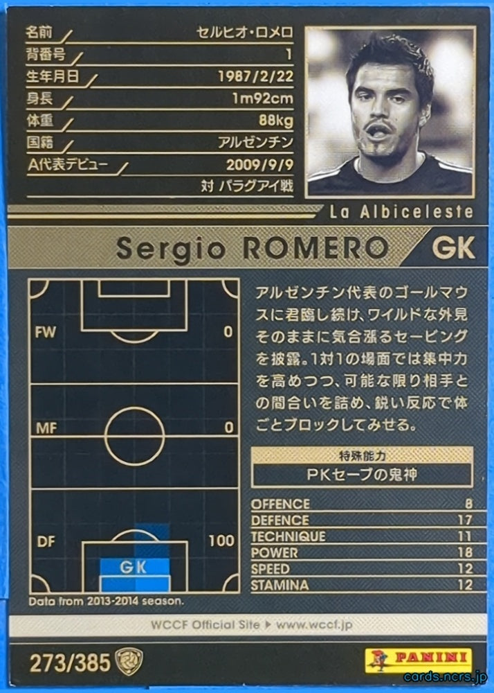 Panini WCCF Football WCCF/2013-2014-273/385 N Sergio ROMERO Trading Card NM