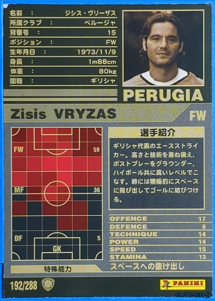 Panini WCCF Football WCCF/2001-2002-192/288 N Zisis Vryzas Trading Card EX