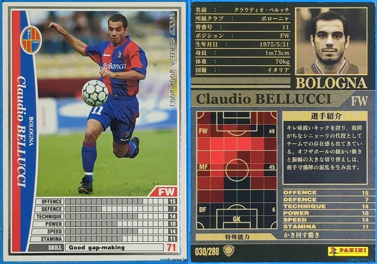 Panini WCCF Football WCCF/2002-2003-030/288 N Claudio Bellucci Trading Card NM