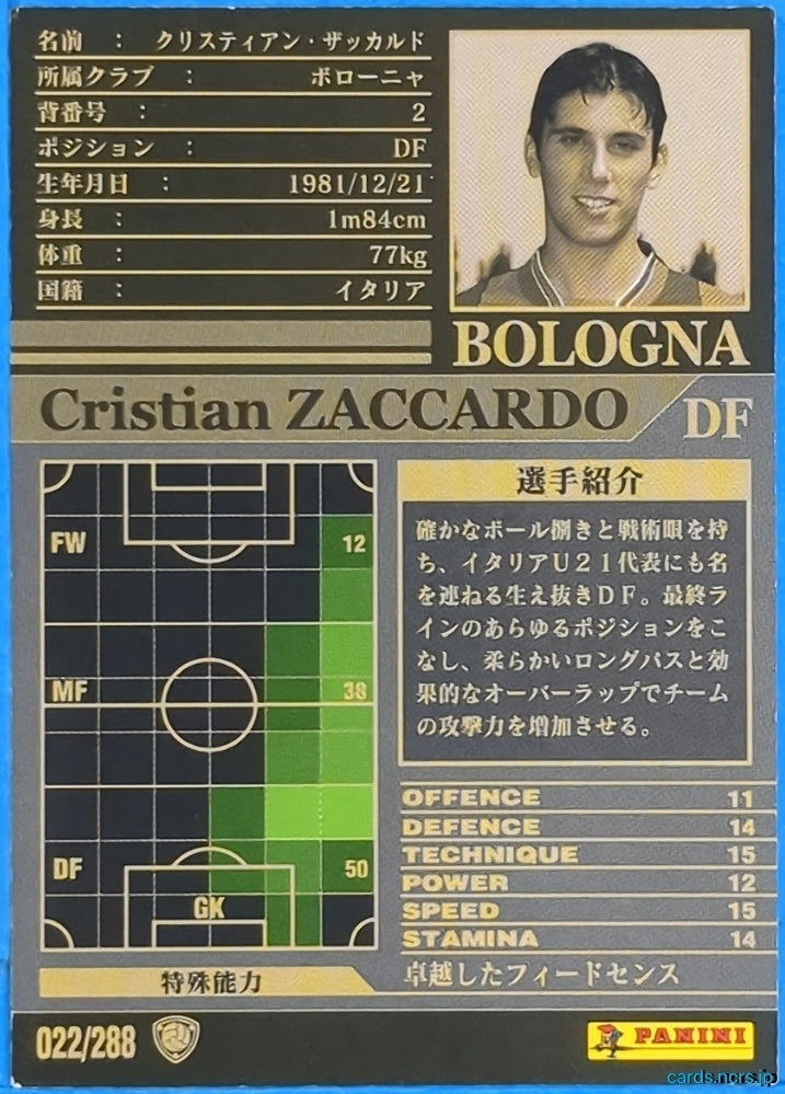 Panini WCCF Football WCCF/2002-2003-022/288 N Cristian Zaccardo Trading Card NM