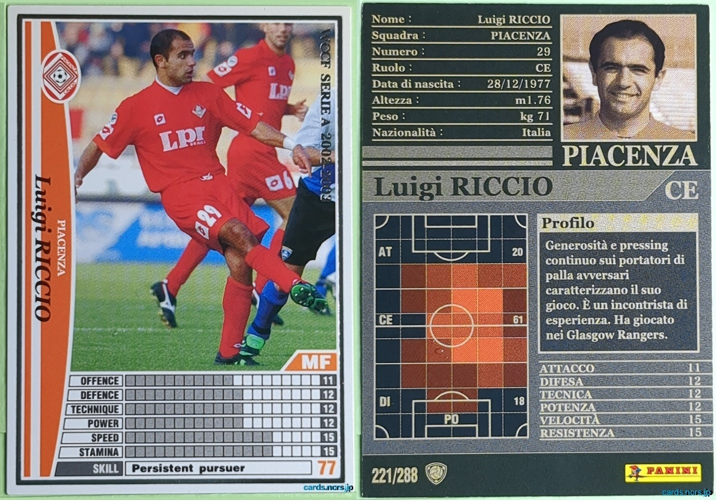 Panini WCCF Football WCCF/2002-2003-221/288EN N Luigi RICCIO Trading Card NM