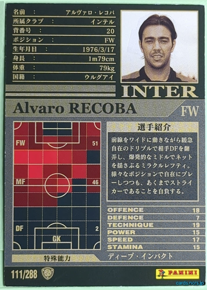 Panini WCCF Football WCCF/2002-2003-111/288 N Alvaro Recoba Trading Card NM
