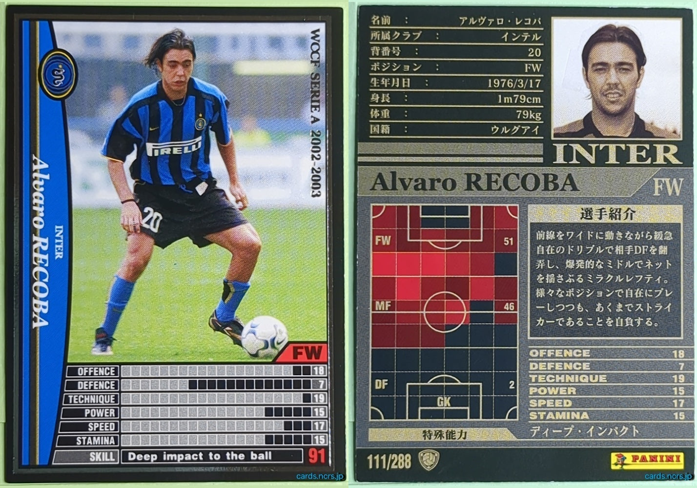 Panini WCCF Football WCCF/2002-2003-111/288 N Alvaro Recoba Trading Card NM