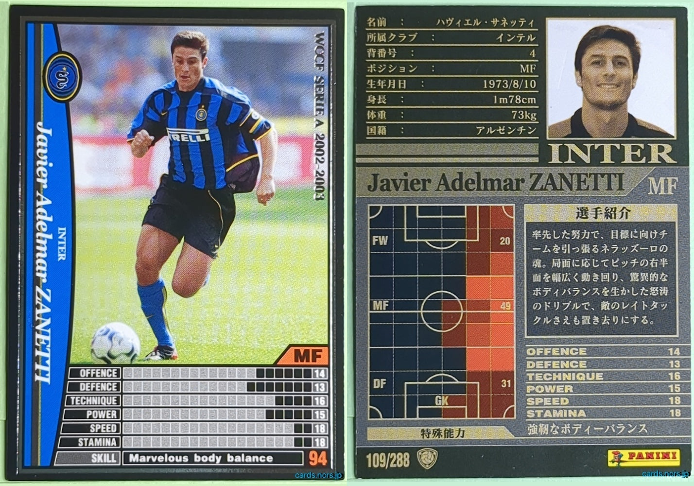 Panini WCCF Football WCCF/2002-2003-109/288 N Javier Adelmar Zanetti Trading Card NM