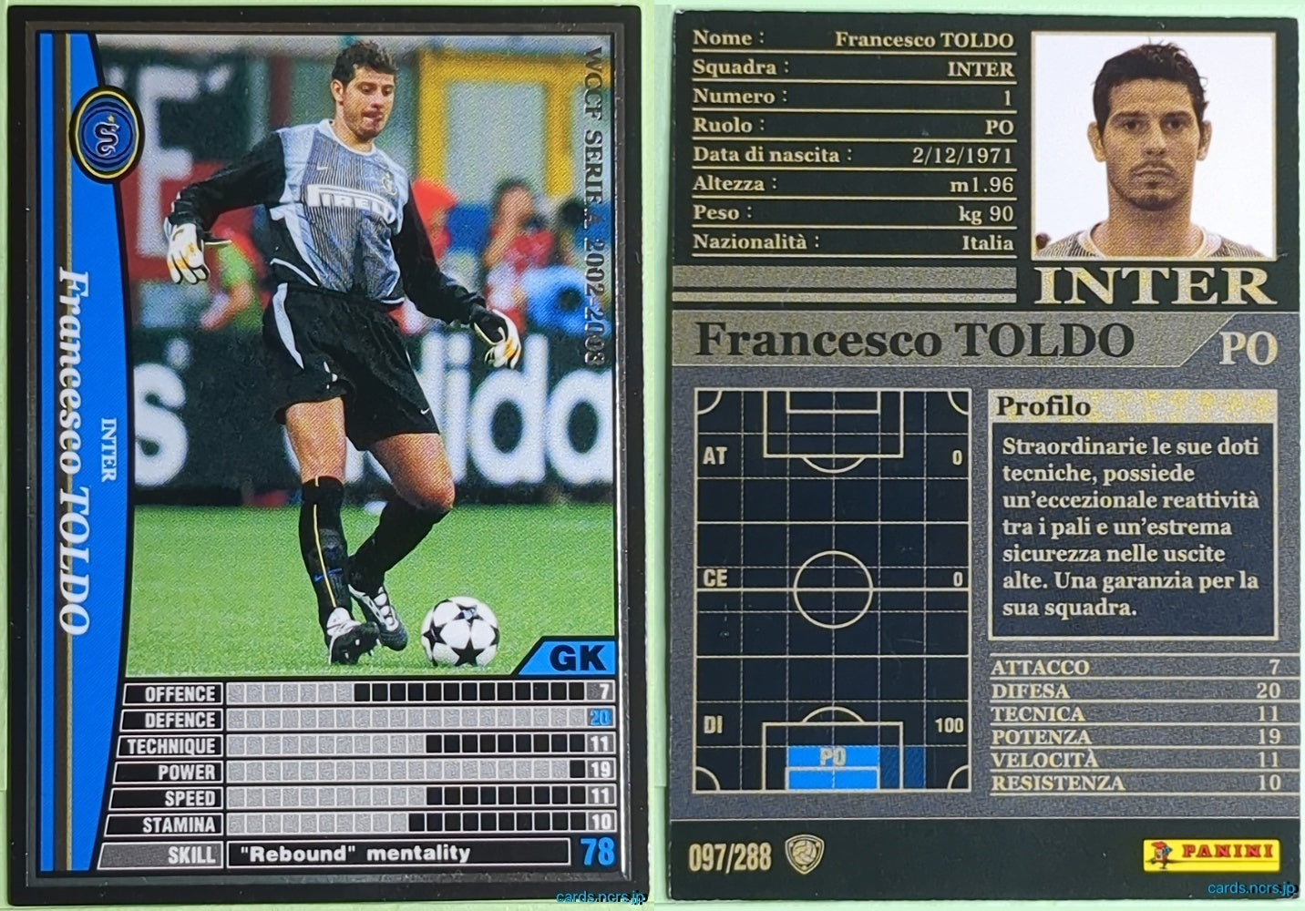 Panini WCCF Football WCCF/2002-2003-097/288EN N Francesco Toldo Trading Card NM