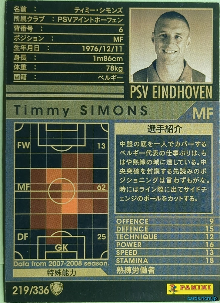 Panini WCCF Football WCCF/2007-2008-219/336 N Timmy Simons Trading Card NM