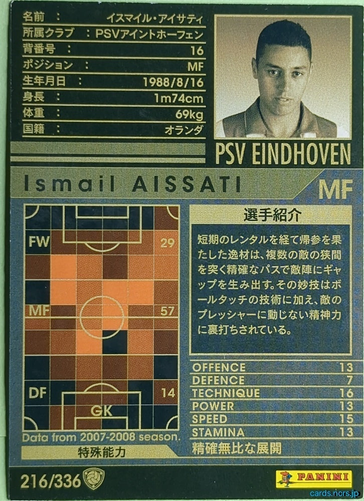Panini WCCF Football WCCF/2007-2008-216/336 N Ismail Aissati Trading Card NM