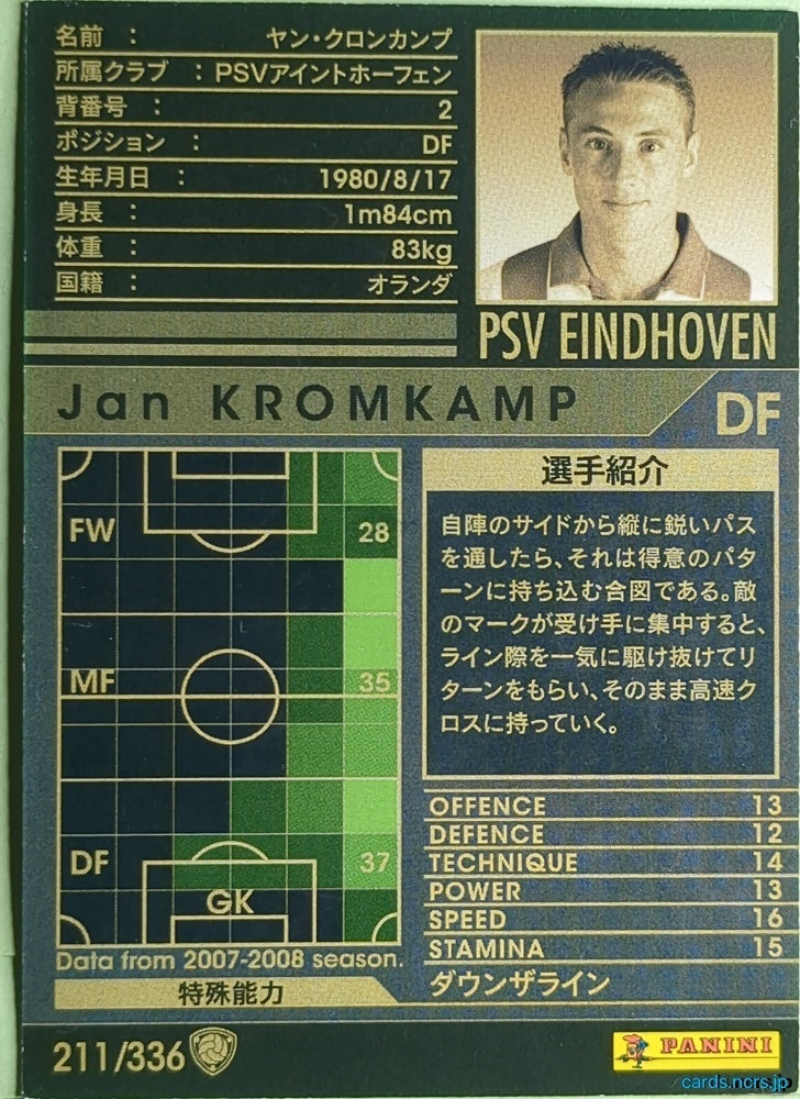 Panini WCCF Football WCCF/2007-2008-211/336 N Jan Kromkamp Trading Card NM
