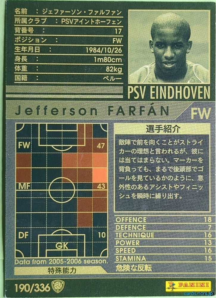 Panini WCCF Football WCCF/2005-2006-190/336 N Jefferson Farfán Trading Card NM