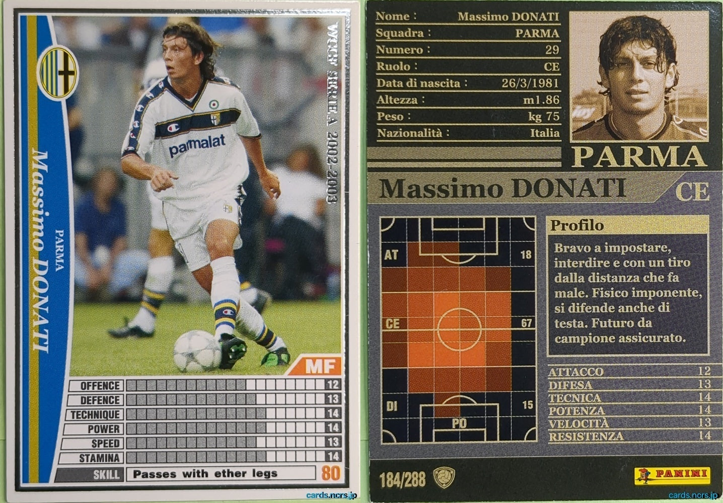 Panini WCCF Football WCCF/2002-2003-184/288EN N Massimo Donati Trading Card NM