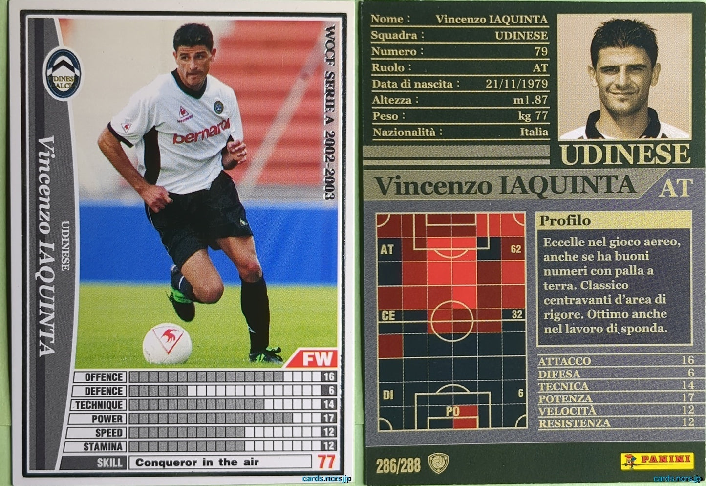 Panini WCCF Football WCCF/2002-2003-286/288EN N Vincenzo Iaquinta Trading Card NM