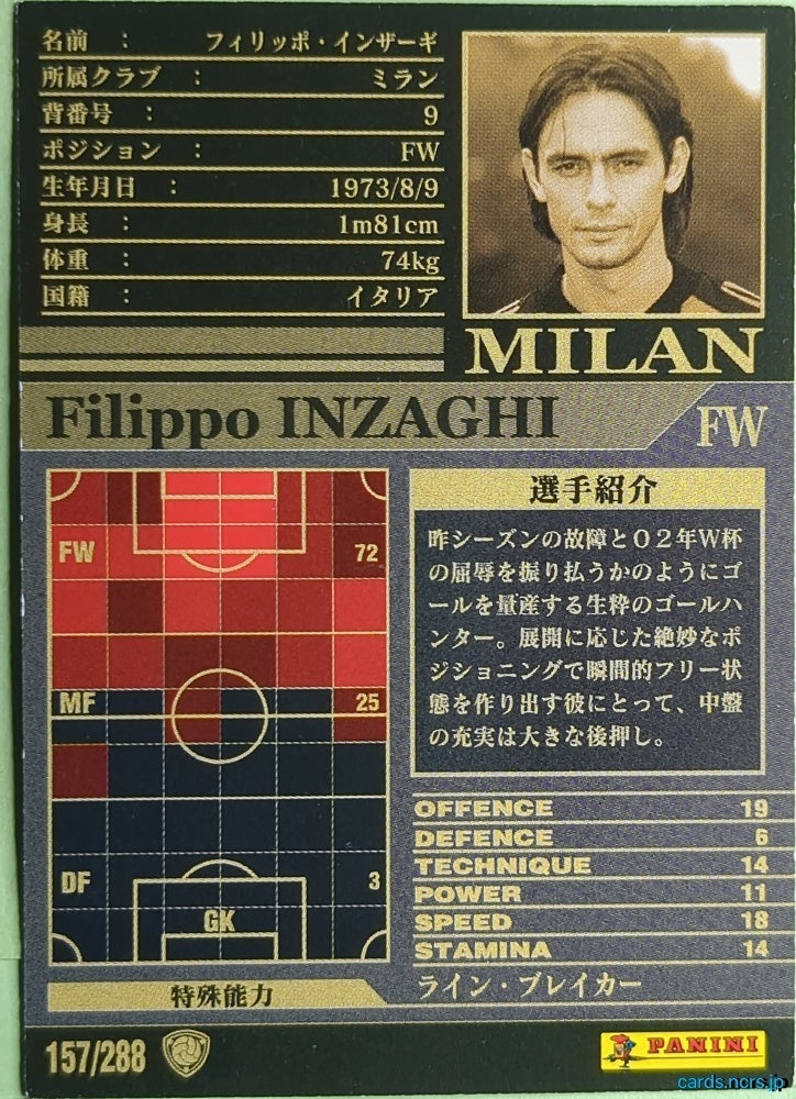 Panini WCCF Football WCCF/2002-2003-157/288 N Filippo Inzaghi Trading Card NM