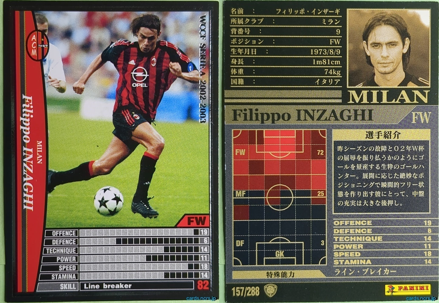 Panini WCCF Football WCCF/2002-2003-157/288 N Filippo Inzaghi Trading Card NM