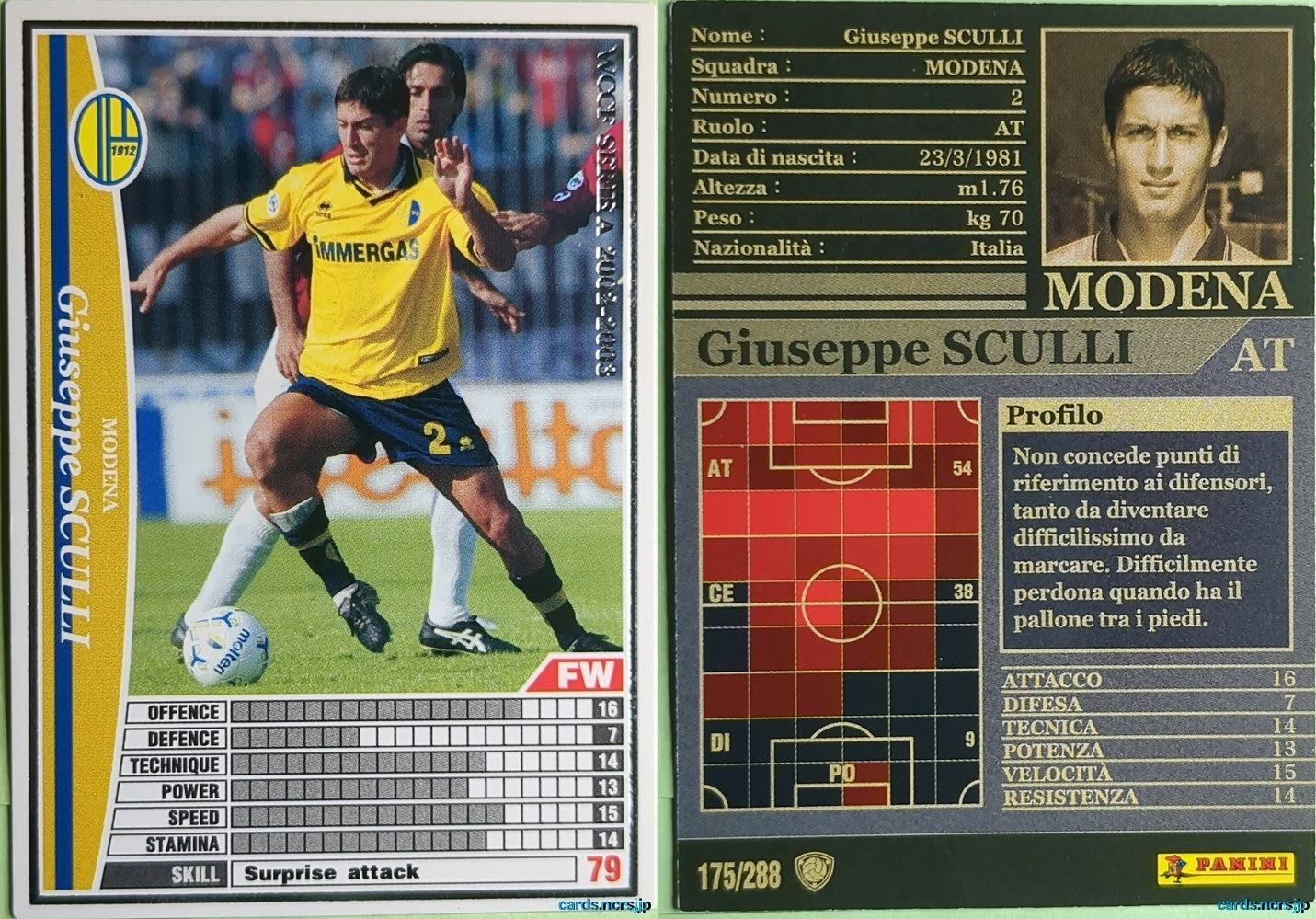Panini WCCF Football WCCF/2002-2003-175/288EN N Giuseppe Sculli Trading Card NM