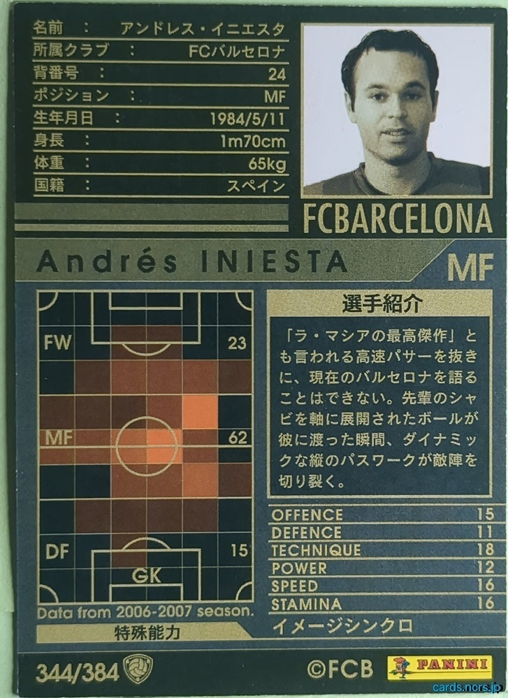 Panini WCCF Football WCCF/2006-2007-344/384 N Andrés INIESTA Trading Card NM