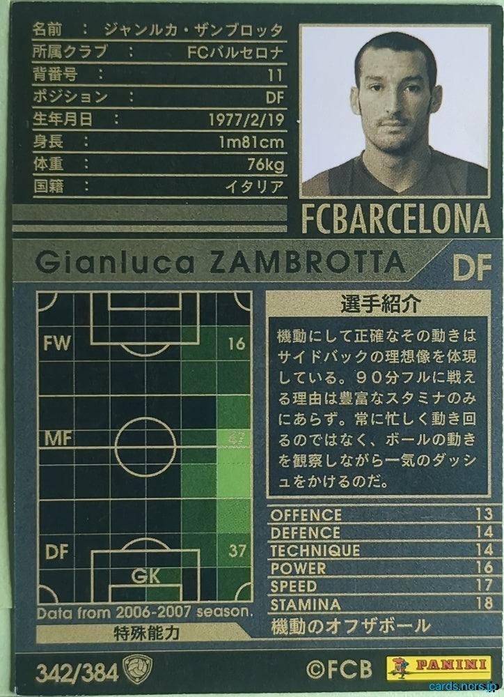 Panini WCCF Football WCCF/2006-2007-342/384 N Gianluca Zambrotta Trading Card NM