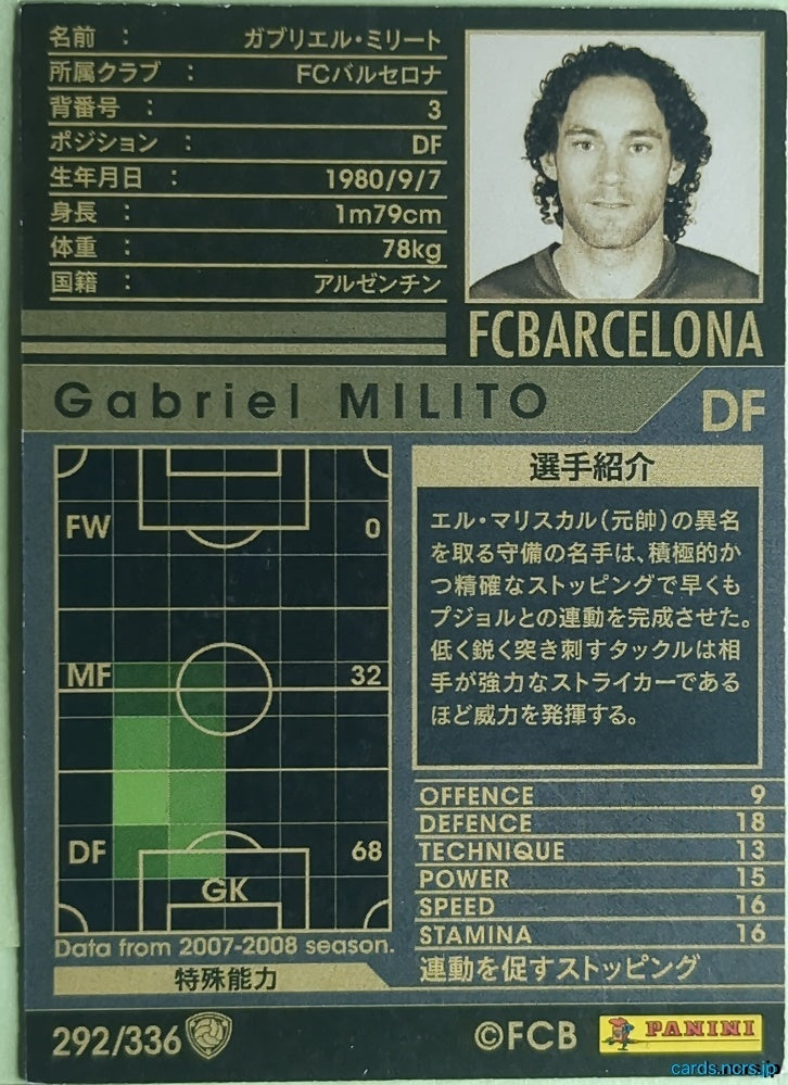 Panini WCCF Football WCCF/2007-2008-292/336 N Gabriel Milito Trading Card NM