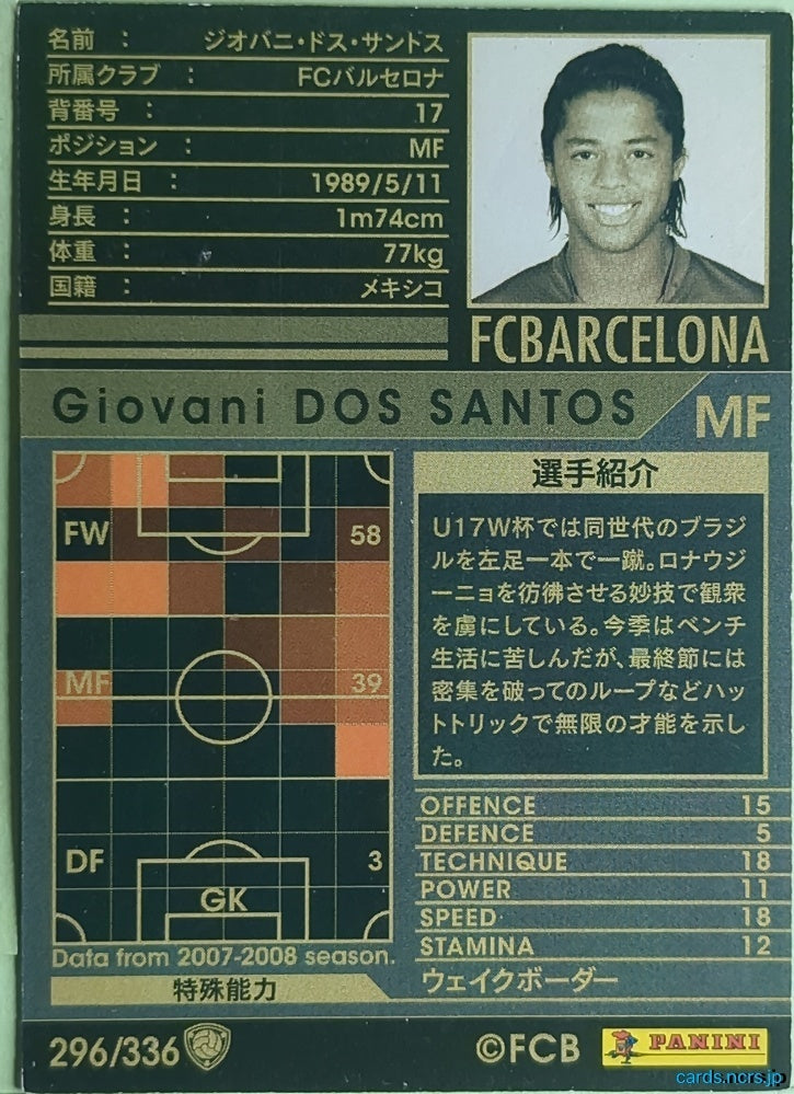 Panini WCCF Football WCCF/2007-2008-296/336 N Giovani dos Santos Trading Card NM