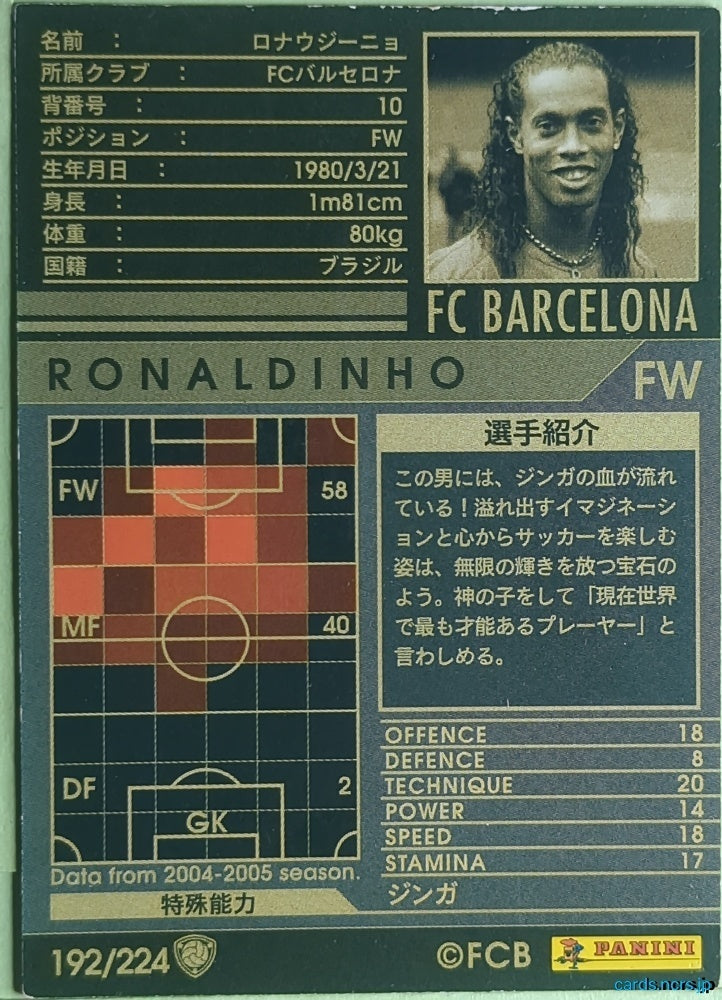 Panini WCCF Football WCCF/2004-2005-192/224 N Ronaldinho Trading Card NM