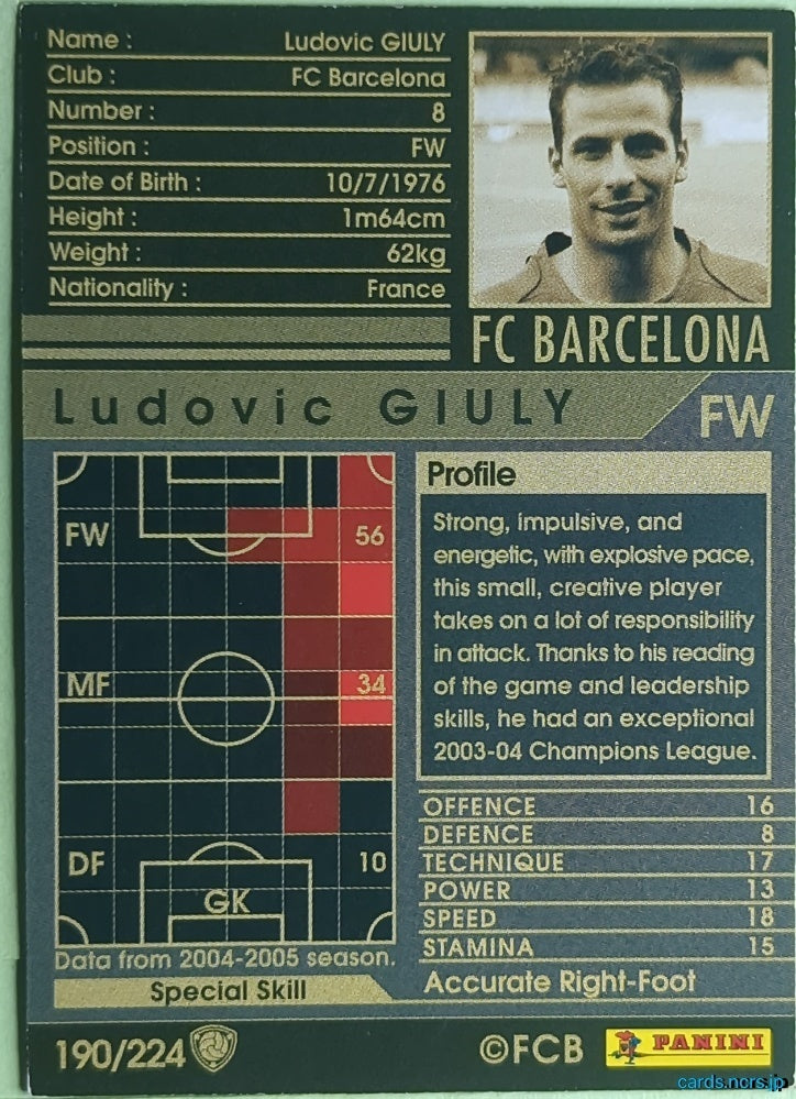 Panini WCCF Football WCCF/2004-2005-190/224EN N Ludovic Giuly Trading Card NM