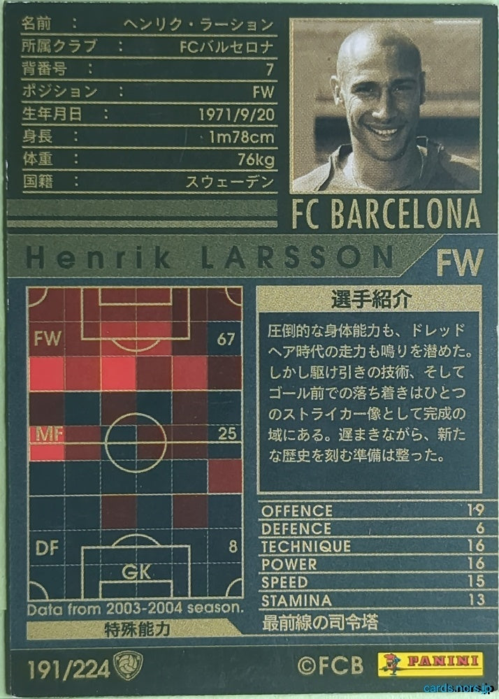 Panini WCCF Football WCCF/2004-2005-191/224 N Henrik Larsson Trading Card NM