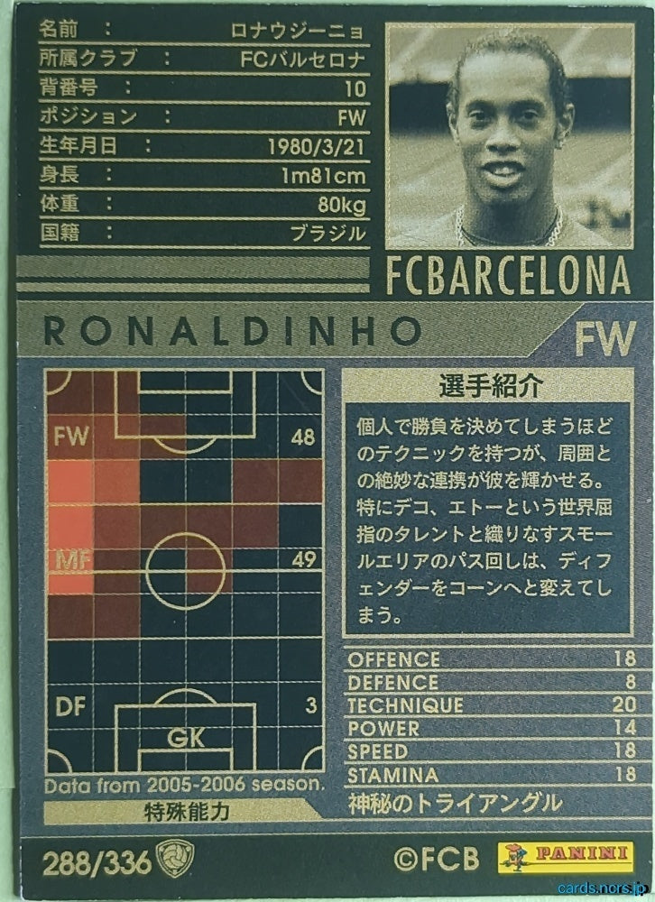 Panini WCCF Football WCCF/2005-2006-288/336 N Ronaldinho Trading Card NM