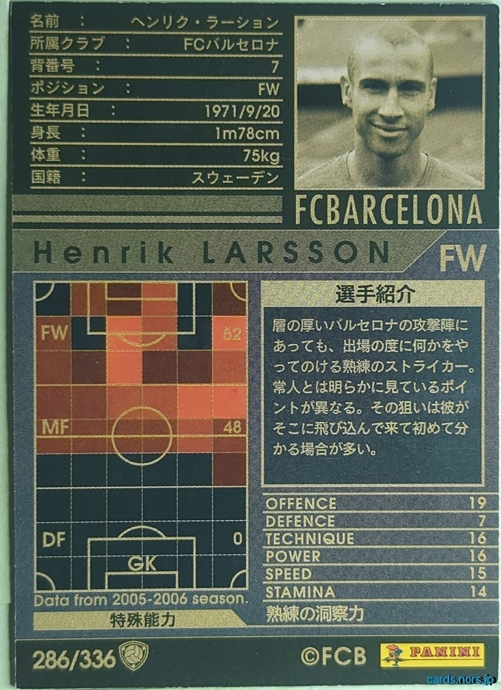 Panini WCCF Football WCCF/2005-2006-286/336 N Henrik Larsson Trading Card NM