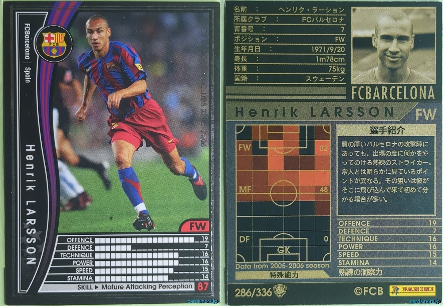 Panini WCCF Football WCCF/2005-2006-286/336 N Henrik Larsson Trading Card NM