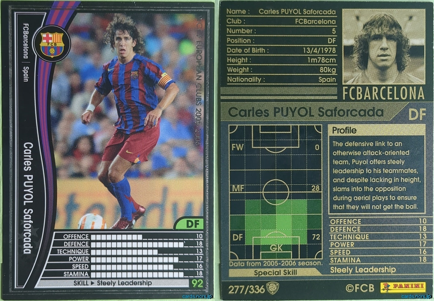 Panini WCCF Football WCCF/2005-2006-277/336EN N Carles Puyol Trading Card NM