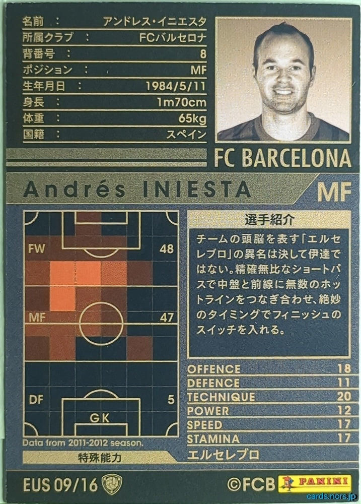Panini WCCF Football WCCF/2011-2012-EUS09/16 N Andrés INIESTA Trading Card NM