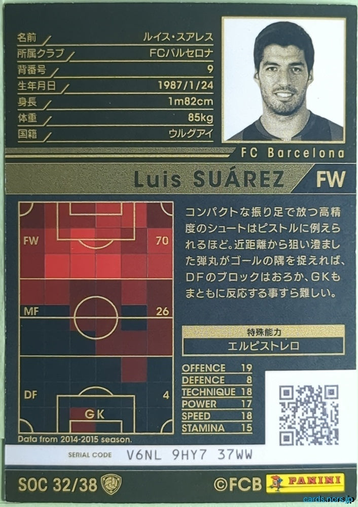 Panini WCCF Football WCCF/2015-2016-SOC32/38 N LUIS SUÁREZ Trading Card NM