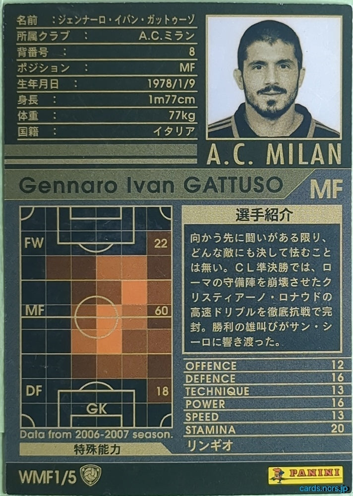 Panini WCCF Football WCCF/2006-2007-WMF1/5 N Gennaro Ivan Gattuso Trading Card NM