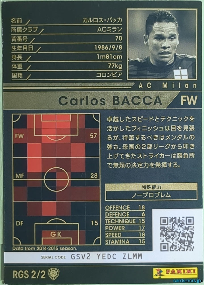 Panini WCCF Football WCCF/2015-2016-RGS2/2 N Carlos Bacca Trading Card NM