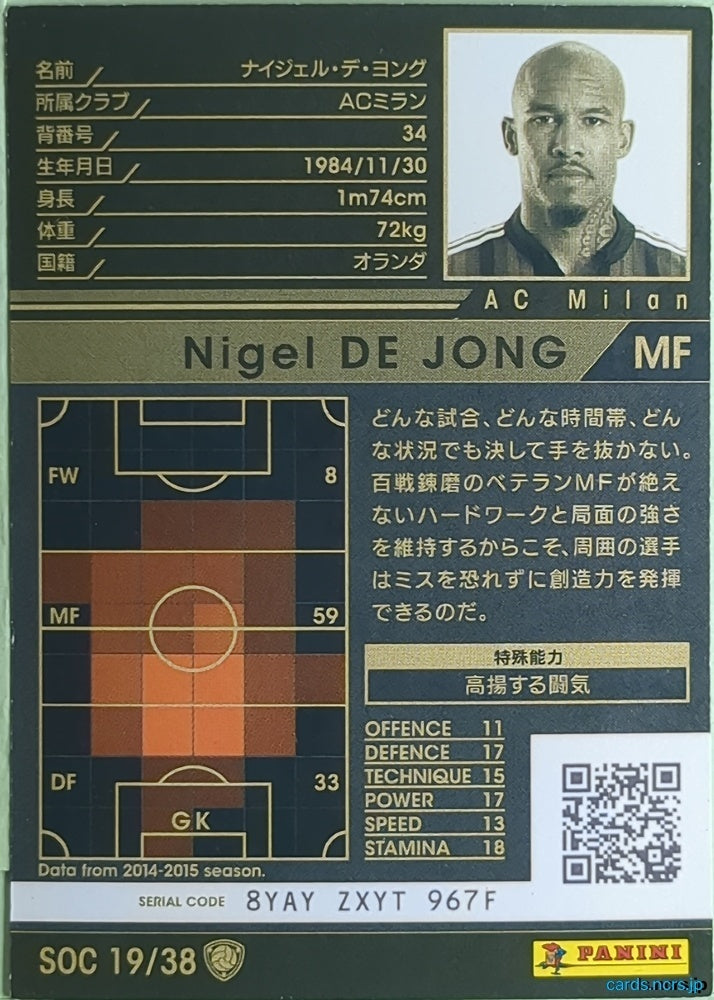 Panini WCCF Football WCCF/2015-2016-SOC19/38 N Nigel de Jong Trading Card NM