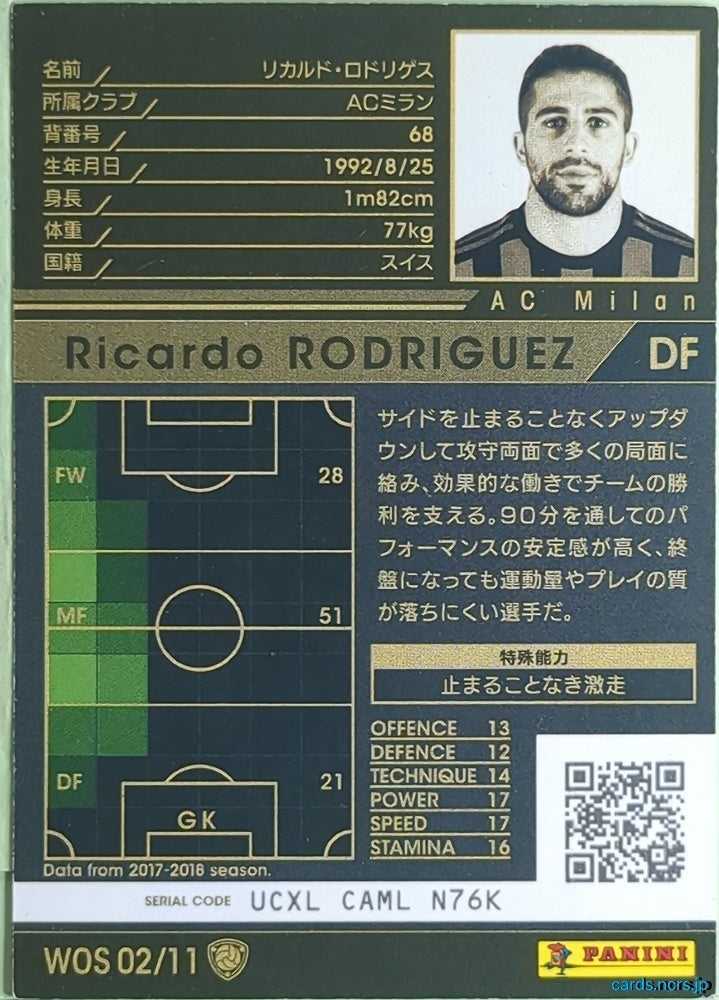 Panini WCCF Football WCCF/2017-2018-WOS02/11 N Ricardo Rodriguez Trading Card NM