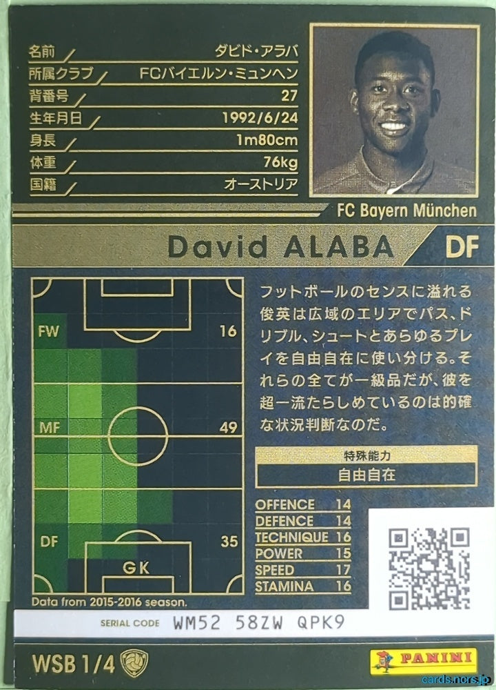Panini WCCF Football WCCF/2015-2016-WSB1/4 N David Alaba Trading Card NM