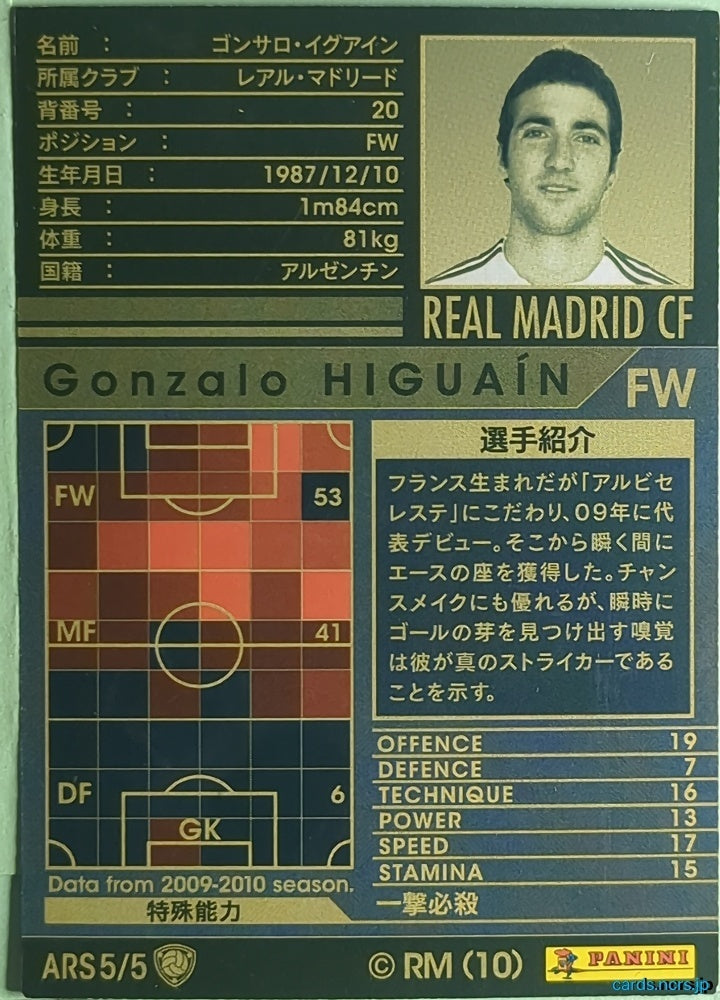Panini WCCF Football WCCF/2009-2010-ARS5/5 N Gonzalo Higuain Trading Card NM