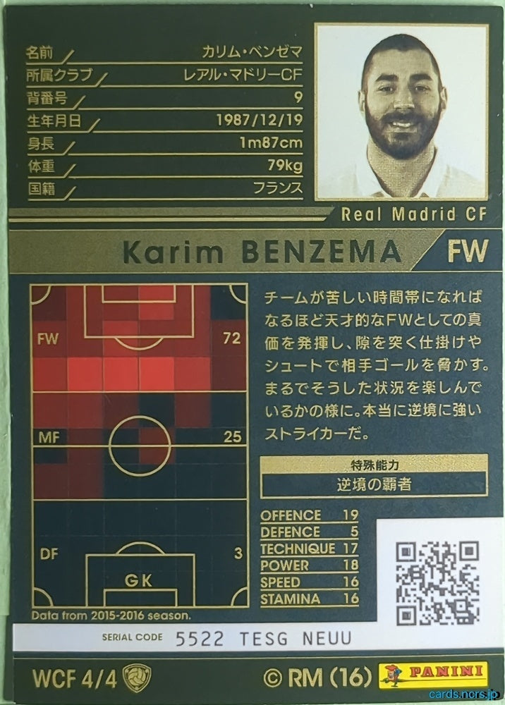 Panini WCCF Football WCCF/2016-2017-WCF4/4 N Karim BENZEMA Trading Card NM