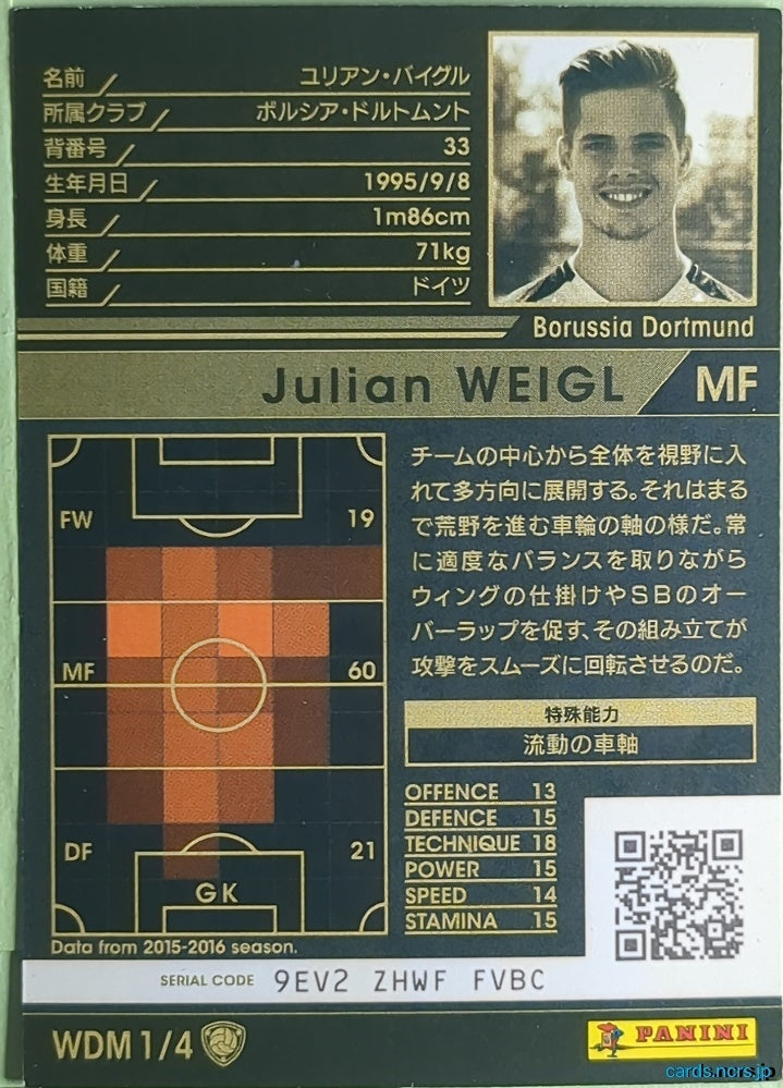 Panini WCCF Football WCCF/2016-2017-WDM1/4 N Julian Weigl Trading Card NM