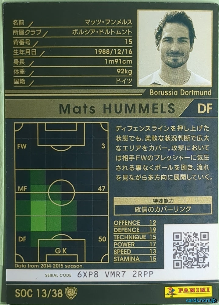Panini WCCF Football WCCF/2015-2016-SOC13/38 N Mats Hummels Trading Card NM