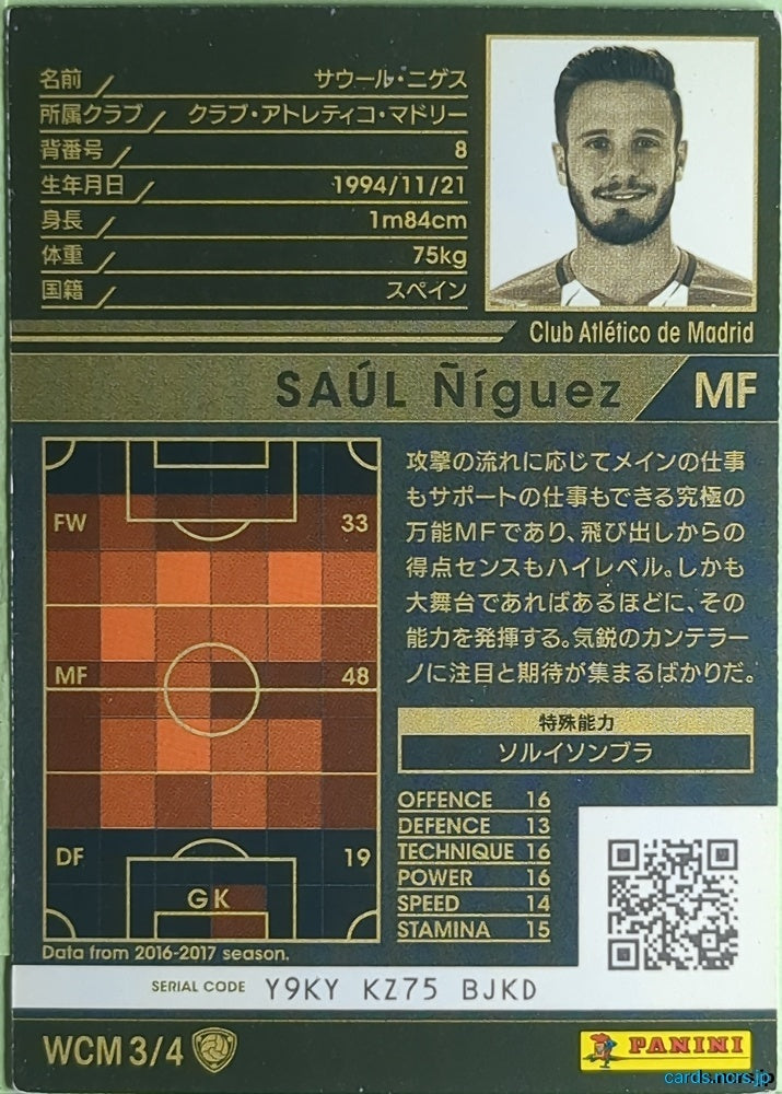 Panini WCCF Football WCCF/2016-2017-WCM3/4 N Saúl Ñíguez Trading Card NM